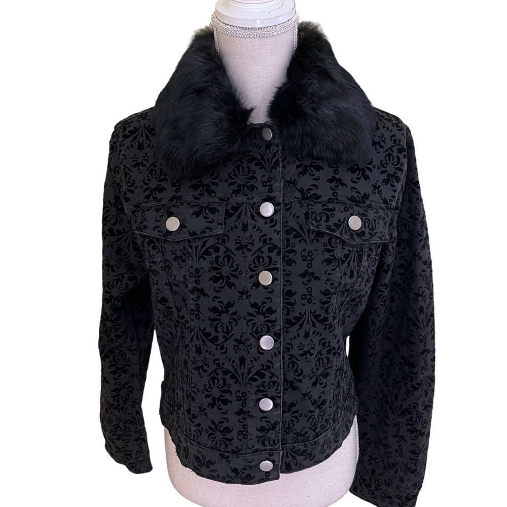 Luii Black Flocked Jean Jacket with Removable Rabbit Fur Collar L
